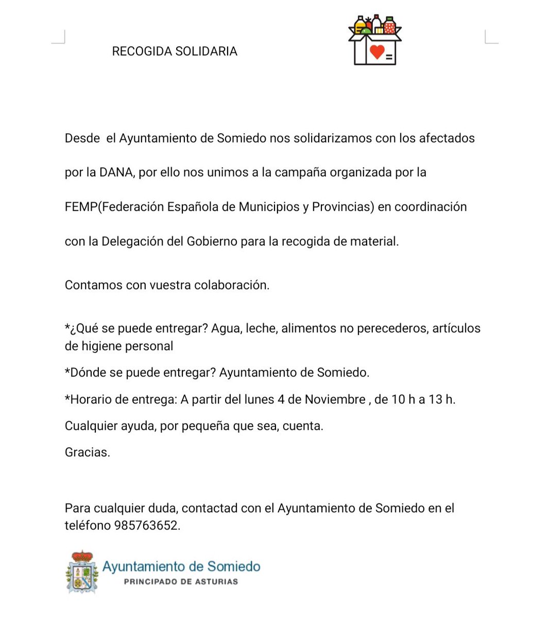 Recogida Solidaria - Ayuntamiento de #Somiedo
Para afectados de la #DANA : Comunicado para toda la población 👇
