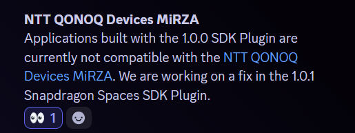 takabrz1's tweet photo. #SnapdragonSpaces SDK v1.00がGA。 なのですが、 #MiRZA ユーザは困ってるのでは... #SnapdragonSpaces 公式のDiscordではV1.00でビルドしたアプリは #MiRZA not compatible...という記述が。今 #MiRZA 開発できる Snapdragon Spaces SDKは V0.23.X系だけど、公式サイトはV1.00のみ公開。 https://t.co/JTKNnhyooS