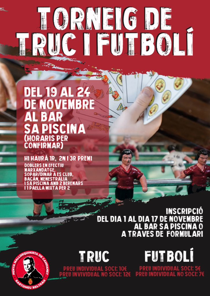Ens complau anunciar-vos el I torneig de truc 🃏 i futbolí 🥅 que es durà a terme del 19 al 24 de novembre a la nostra seu, Sa Piscina. Els horaris ⏱️ encara per confirmar.

Les inscripcions 📝 comencen des del dia 2 de novembre fins al dia 18 com a data límit.

Molts de premis!