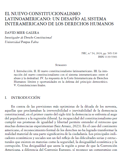 revistaTRCUNED's tweet photo. El prof. David Mier de @UPFBarcelona publica en TRC 54 EL NUEVO CONSTITUCIONALISMO LATINOAMERICANO. UN DESAFÍO AL SISTEMA INTERAMERICANO DE LOS DERECHOS HUMANOS

https://t.co/FgEisD7Qsc https://t.co/LqhqooovWq
