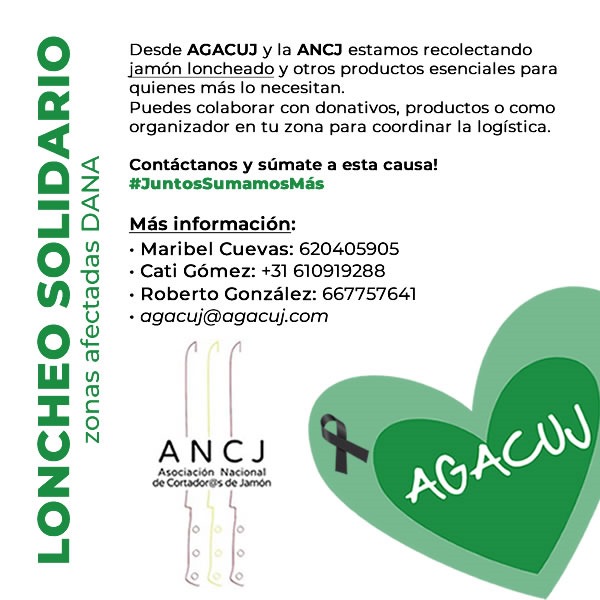 ¿Te sumas? 💚 Desde #AGACUJSOLIDARIO, en colaboración con #ANCJ, estamos coordinando y canalizando la ayuda mediante el envío de alimentos como jamón loncheado a las zonas afectadas.

Sí quieres colaborar contacta con nosotros y te informamos cómo puedes hacerlo.

#Ayuda #DANA