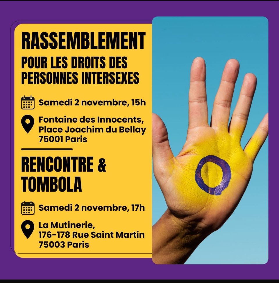 Retrouvons nous aujourd’hui à l’appel du <a href="/cia_oiifrance/">Collectif Intersexe Activiste - OII France</a> à la Fontaine des Innocents  15h, dans le cadre de la Quinzaine de Visibilité un rassemblement pour lutter contre  la violation des droits des personnes intersexes victimes de violences et tellement encore discriminées.