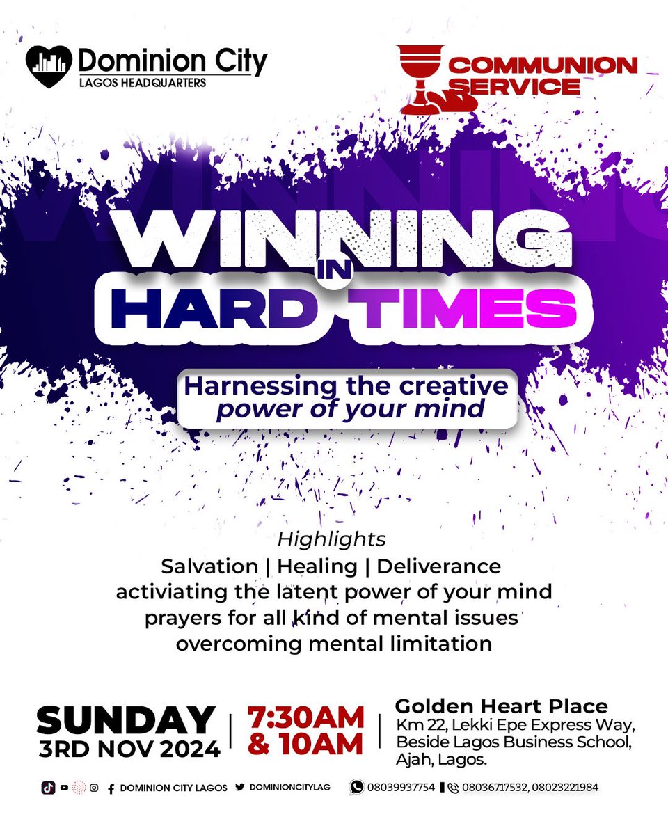 dominioncitylag's tweet photo. Every obstacle we face is an opportunity to tap into the wealth of inspiration God has placed within us.

Join us this Sunday as we discuss winning in hard times. 

Time: 
First Service: 7:30am
Second Service: 10am

#DominionCity #DCLagosHq #WinningInHardTimes #CreativeMind https://t.co/ajYiCUFZjI