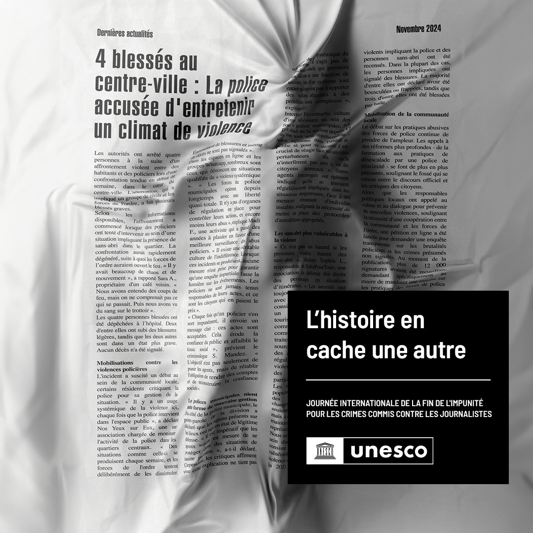 Derrière la plupart des nouvelles que vous lisez, se trouve un journaliste qui a risqué sa sécurité pour révéler la vérité. Certains y ont même laissé leur vie.

Ne laissons pas ces meurtres sous silence. Mettons #FinÀLImpunité.

unes.co/ly37sy