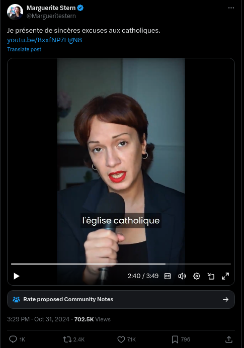 La radicalisation de Marguerite Stern, c'est quand même quelque chose. Pour celles-eux qui observent ces procédés, cette vidéo est assez riche en éléments pour comprendre comment on passe de féministe performative à christofasciste convaincue en moins d'une décennie.