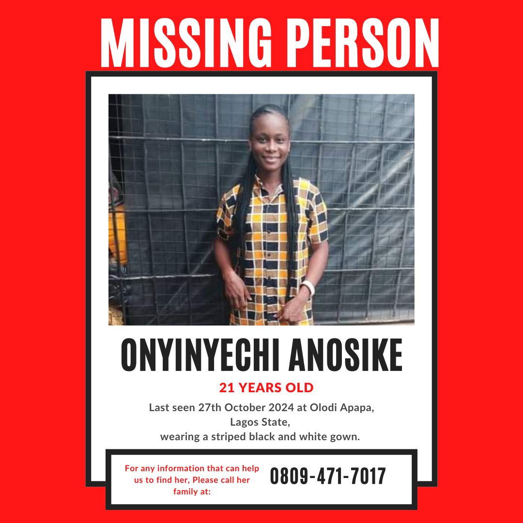 Please I will APPRECIATE if this gets retweeted and shared Massively 🙏🏽!!

- See, Read and Retweet please!

My senior Egbon daughter has been missing for days now 💔!! If found please call these number 08094717017 or 08026849788. You can also report to the nearest police station.