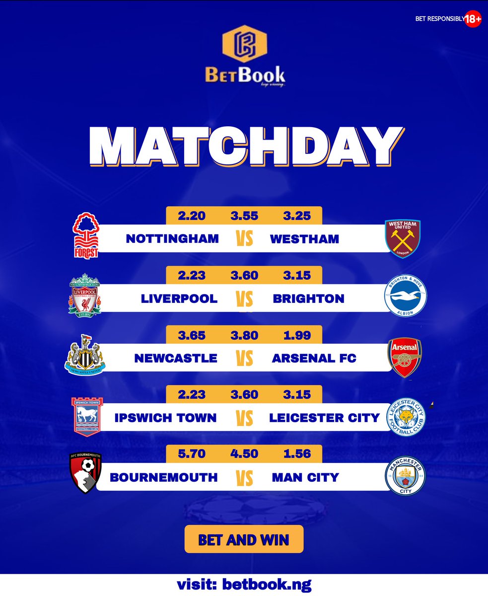 Weekend Thrills Await! ⚽ 

Exciting fixtures are lined up, and it’s your chance to make every prediction count. 

Dive into the action on betbook.ng and turn your insights into winning moments! 🌟 

#MatchDay #betwithbetbook #davido #BallonDor #ManCity #Rodri