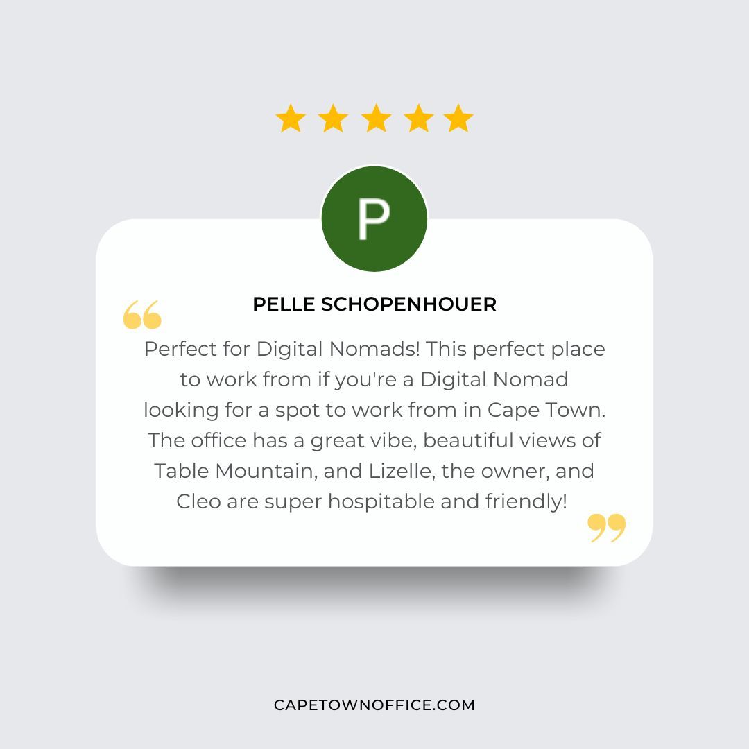 🌟 **We're Grateful for the Support!** 🌟

Over the past six months, we've received some incredible feedback from our community on Google! It’s been a true pleasure to provide a welcoming, productive space here at Cape Town Office 👇 #CapeTownOffice #5StarReviews #Community