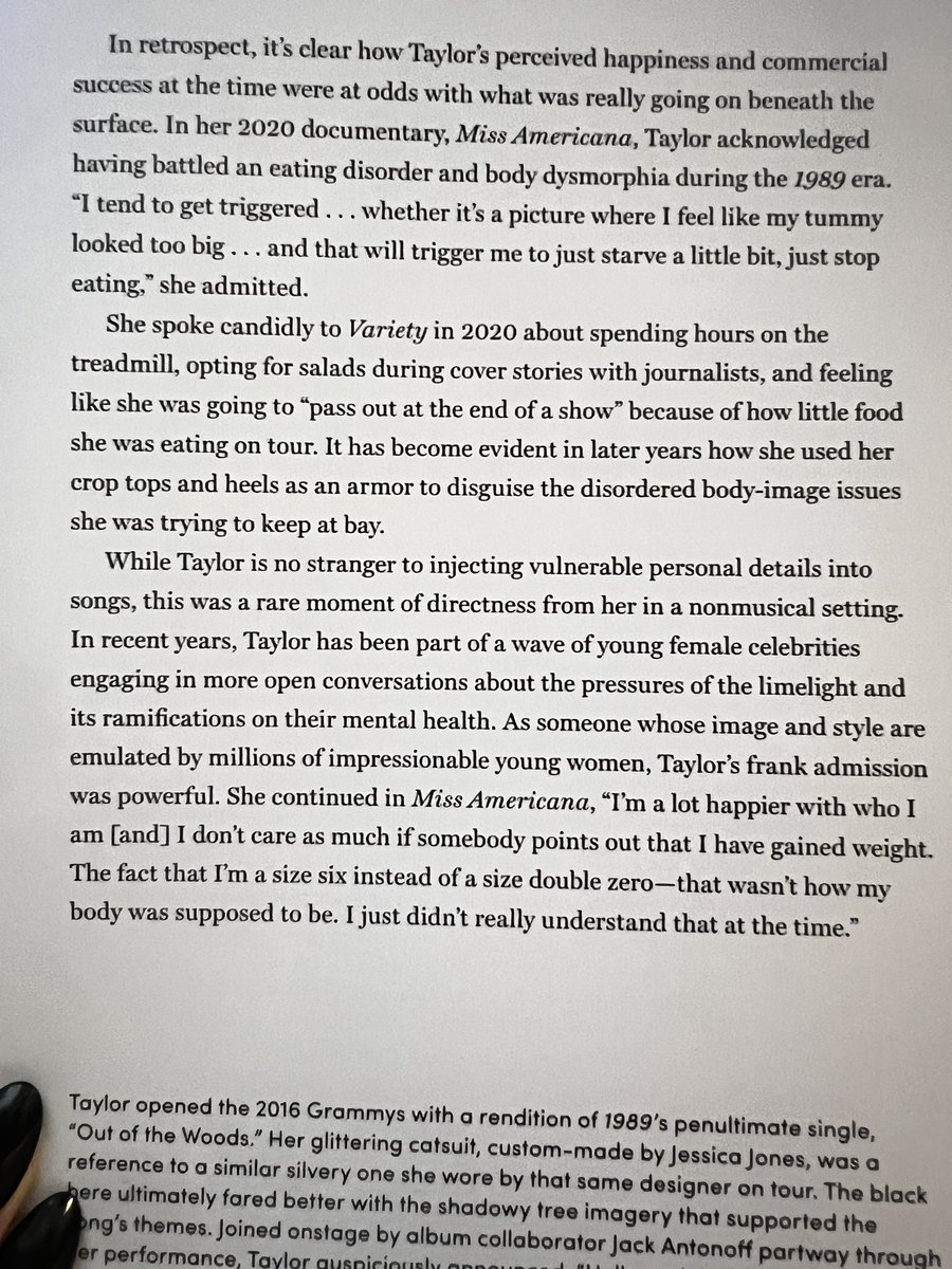 underthepink7's tweet photo. this was the entirety of her dialogue abt taylor’s ED. most of it is direct quotes and she ends it speaking about how powerful & impactful Taylor’s message is for women & girls everywhere.

the seven outfits she didn’t like (out of thousands) were in their own chapter, at the very back, labeled, and the reviews were directly copied from her (insanely successful, 13 year) blog. the blog that taylor spoke to her abt during secret sessions. 

taylor doesn’t need you to protect her. you’re trying to destroy the business & *reputation* of a queer woman of color who’s been a fan since day one and tirelessly worked (for free!) to run a blog that millions of swifties & publications use for reference. all bc you don’t like a few of her sentences (again, out of 360+ pages). 

don’t you see how wrong that is????