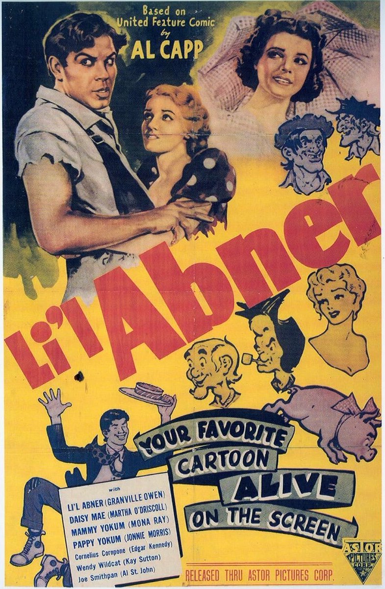 ComicCinema's tweet photo. Based on the eponymous comic strip by Al Capp, the RKO Radio Pictures comedy 'Li'l Abner,' starring Jeff York, Martha O'Driscoll, Mona Ray, and Johnnie Morris, opened in theaters on this day in 1940. https://t.co/hYtudmiXxd