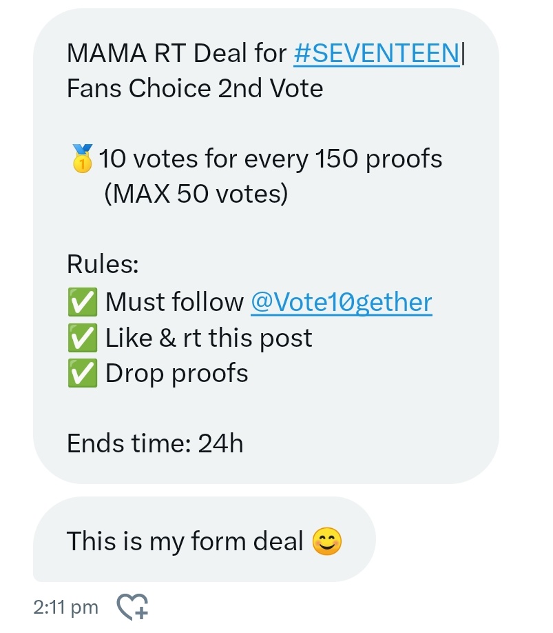 pollsfor17's tweet photo. MAMA RT Deal for #SEVENTEEN
Fans' Choice 2nd Vote

🥇10 votes for every 150 proofs
      (MAX 50 votes)

Rules: 
✅ Must follow @Vote10gether
✅ Like &amp; rt this post
✅ Drop proofs

Ends time: 24h https://t.co/FhPizAMkOW