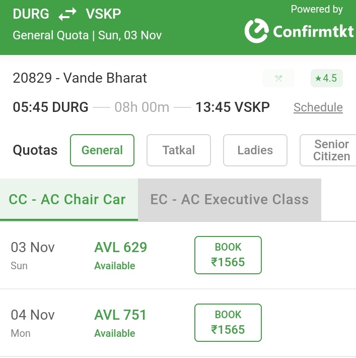 Rajesh26479788's tweet image. Finally waiting list in EC for Durg-VSKP VB for tomorrow trip. 
Want to see &amp;gt;50% occupancy in CC in future
*CC ticket fare w/o food*
Durg-VSKP : 1205/-  566km (×2 times) - Worth to travel
PVP-VSKP : 500/-  139km (×3.5 times) - Need to reduce by 100/-
#Durg #VSKP #Parvathipuram