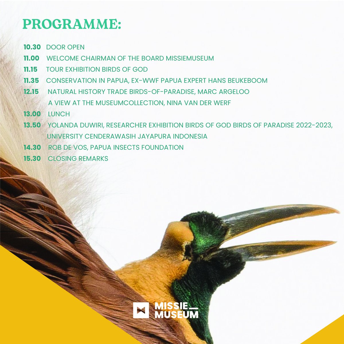 Immerse yourself in the history and biodiversitey of New Guinea at our engaging MINI-SEMINAR focused on history, research and conservation. 

In coop with Universitas Cendrawasih Jayapura and Papua Insects Foundandation 

tickets.missiemuseum.nl/nl/studiedag/t…
𝗜𝗻𝗰𝗹.𝗲𝗻𝘁𝗿𝘆 &amp; 𝗹𝘂𝗻𝗰𝗵.