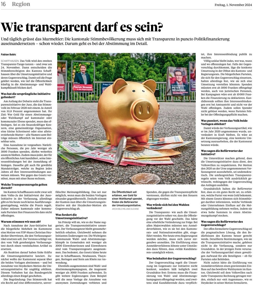 Komitee fuer Transparenz (KfT) (@werwievielwofur) on Twitter photo Um was geht's bei der Transparenzabstimmung am 24. November?
Hier kurz zusammengefasst.
Vergessen geht, dass Regierung und Parlament sich bisher schlicht geweigert haben eine Umsetzungsgesetzgebung zur Transparenzbestimmung auszuarbeiten.
Quelle: <a href="/SHN_News/">Schaffhauser Nachrichten</a> vom 1.11.24 Um was geht's bei der Transparenzabstimmung am 24. November?
Hier kurz zusammengefasst.
Vergessen geht, dass Regierung und Parlament sich bisher schlicht geweigert haben eine Umsetzungsgesetzgebung zur Transparenzbestimmung auszuarbeiten.
Quelle: <a href="/SHN_News/">Schaffhauser Nachrichten</a> vom 1.11.24