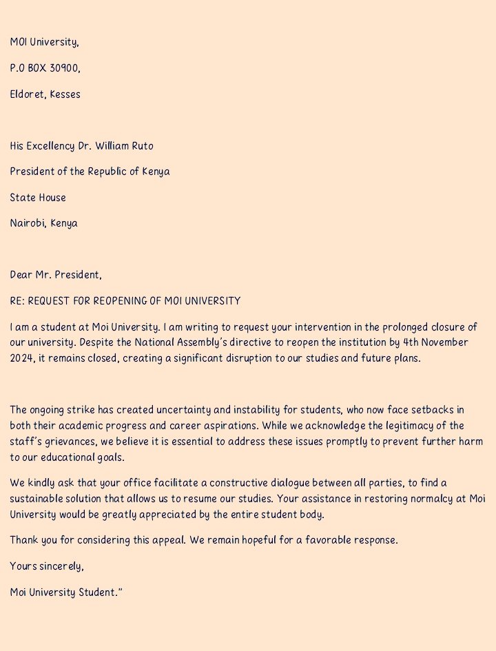 RealOmtatah's tweet photo. Just received this letter from a Moi University Student to President William Ruto.

Millions of young dreams at stake because of someone's greed, tribalism, and mismanagement.

Tweet and retweet #ReOpenMoiUniversity widely.

Let's save these young men and women. https://t.co/pfd53yFiz0