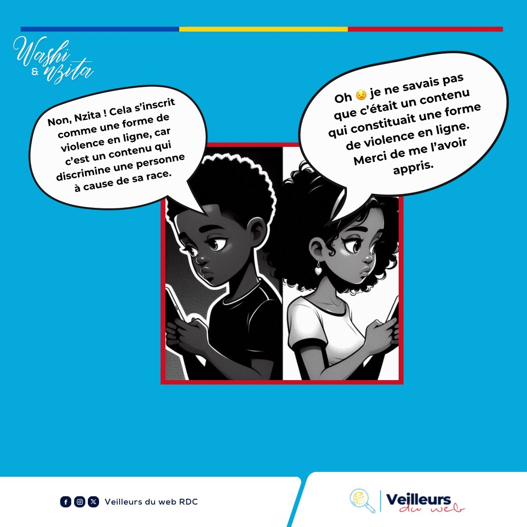 veilleursduweb's tweet photo. Nzita a publiquement humilié un ami sur les réseaux sociaux en raison de sa couleur de peau. 

Aujourd’hui, Washi lui fait comprendre que ce comportement constitue une forme de violence en ligne et l’encourage à ne plus agir de cette manière. https://t.co/BC0cY3rGqv