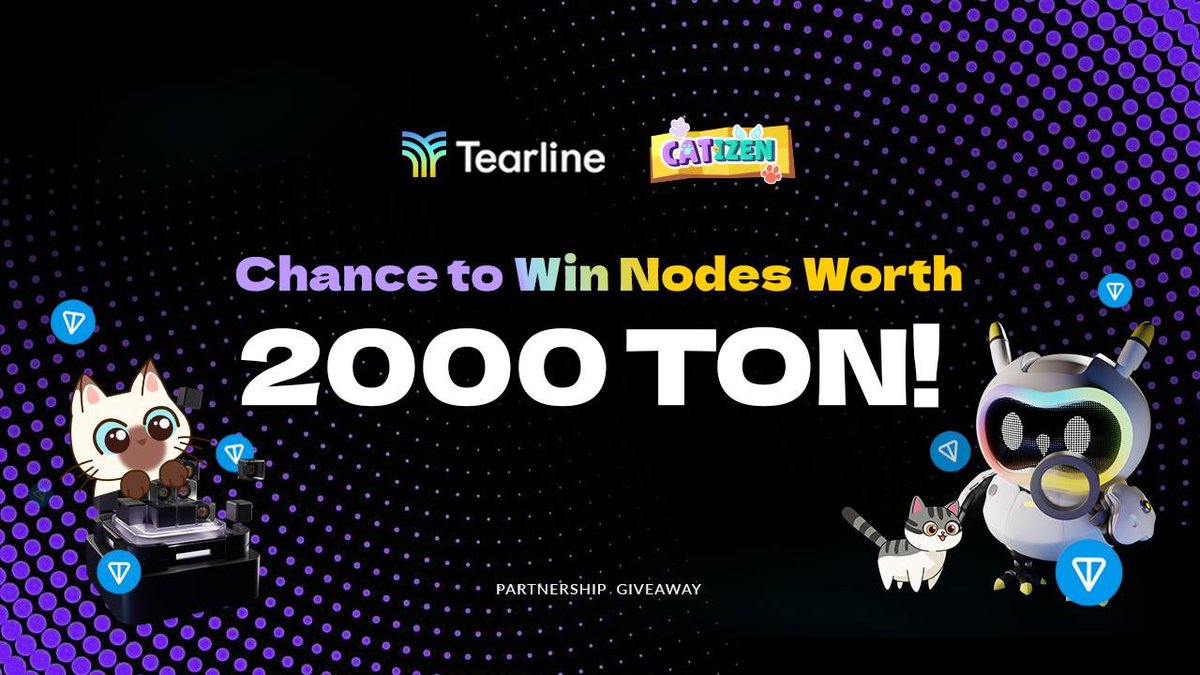 CatizenAI's tweet image. ✨ Catizen x Tearline Partnership &amp;amp; Giveaway: Chance to Win Nodes Worth 2000 TON! 🎉

We are thrilled to announce our collaboration with @TearlineAI, the intent-centric Web3 AI app that elevates crypto trading efficiency and profitability.

Win Nodes Worth 2000 TON in Tearline…