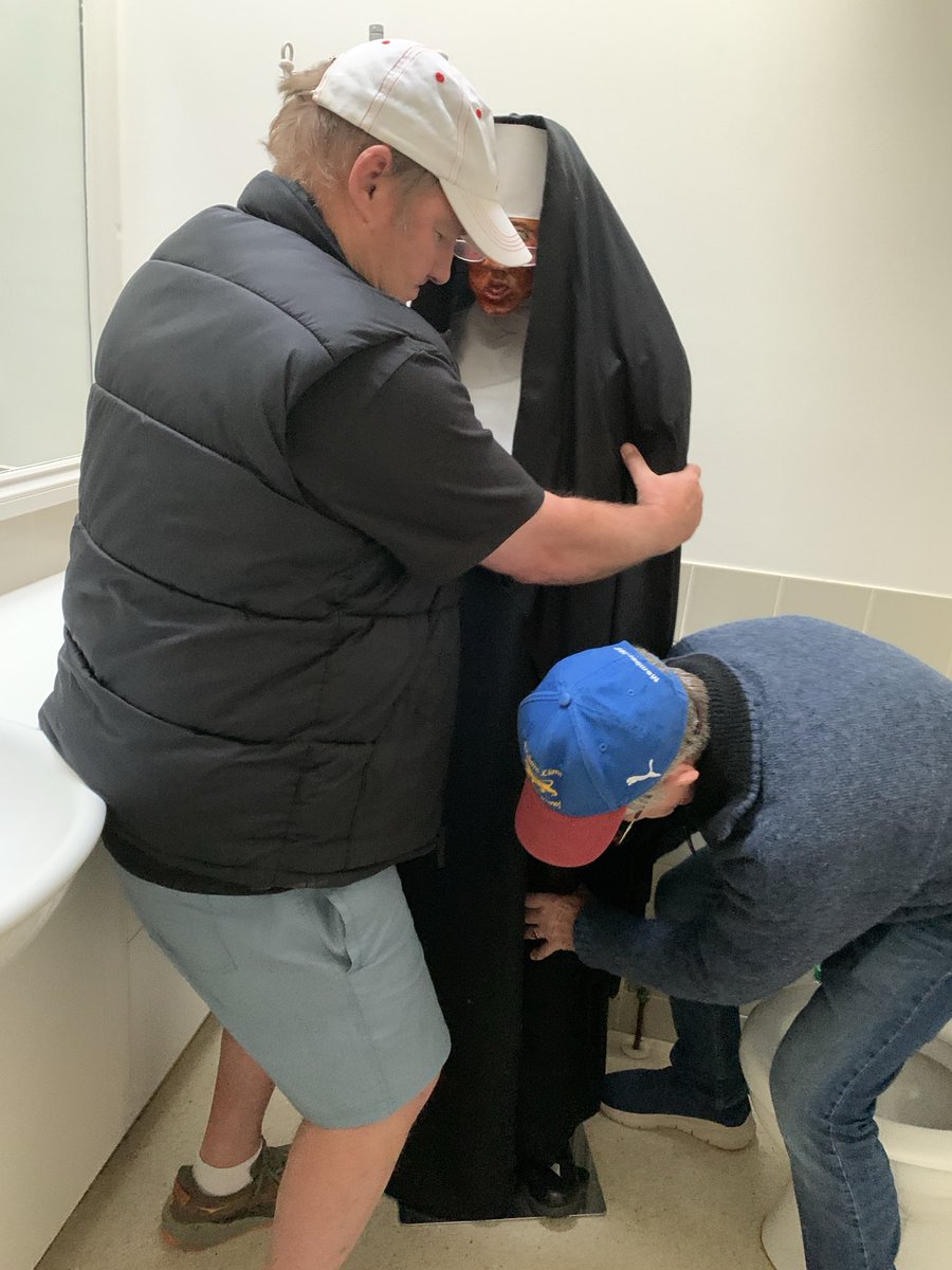 CLAN_AU's tweet photo. Great care was taken of the #SisterofMercy #Nun made by Denise ⁦@izziesfriend⁩ 
Thanks also to Robert, Warren, Lenny &amp; Laurie working for hours to finish the job 👏💙💛

#Nun has been laid to rest in the ART room until the renovations are complete in 2025 https://t.co/HkK3nfCCMg