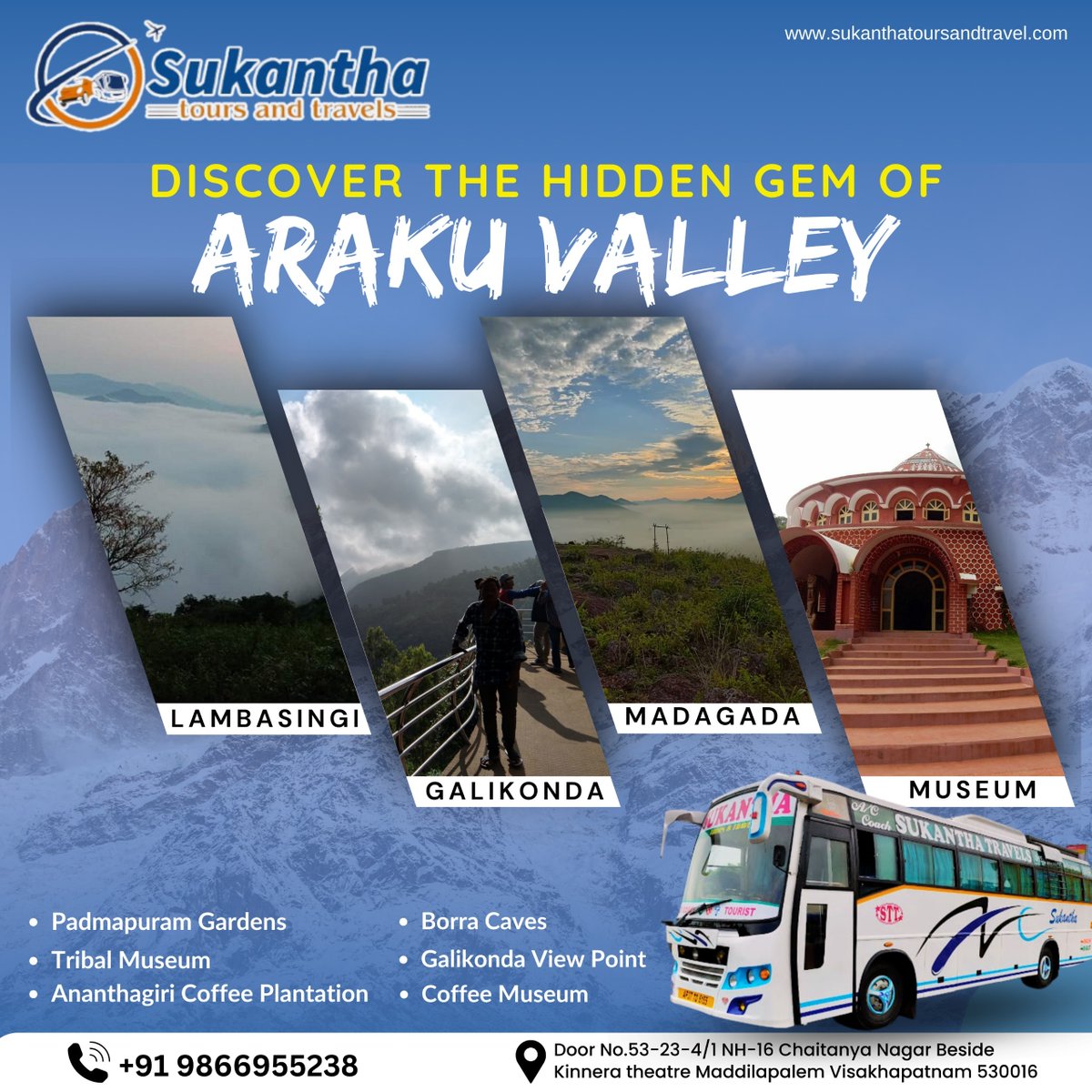 sukantha_s97206's tweet photo. 🌄 Discover the Hidden Gems of Araku Valley & Lambasingi! 🌄
Escape into the scenic beauty of Araku Valley and Lambasingi with Sukantha Tours & Travels.
📞 +91 9866955238
#ArakuValley #Lambasingi #SukanthaToursAndTravels #ExploreAndhra #Visakhapatnam #NatureGetaway https://t.co/cqgDS5lEUa