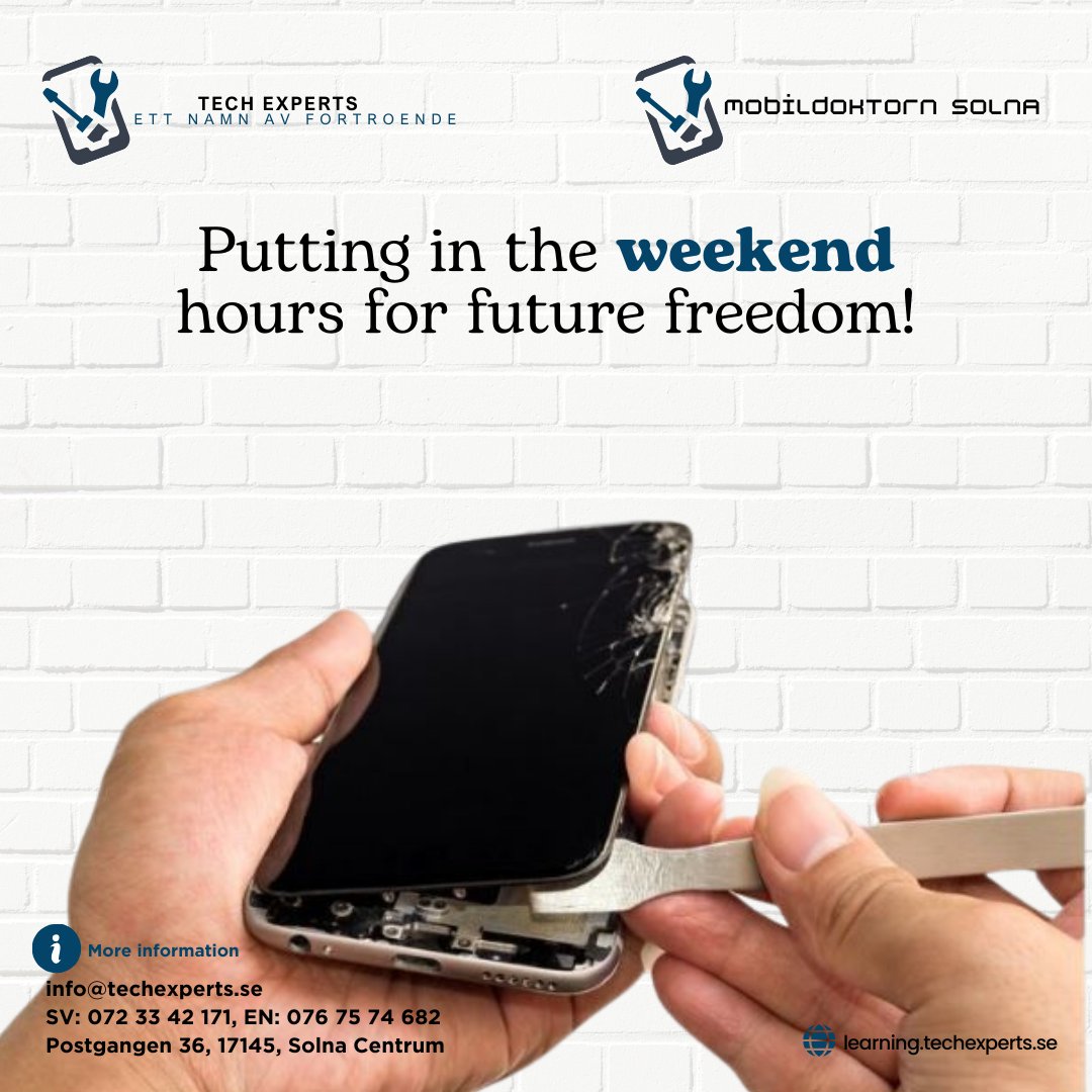 techexperts2024's tweet image. &quot;Invest your weekends now for a future of freedom! Enroll in our mobile repair course today and take the first step toward a brighter tomorrow.&quot;  
#stockholm #mobilrepairinginstockholm #mobilephonecourseinsweden #repairing   #mobilerpairing #MobileRepair #SkillBuilding #SkillUp