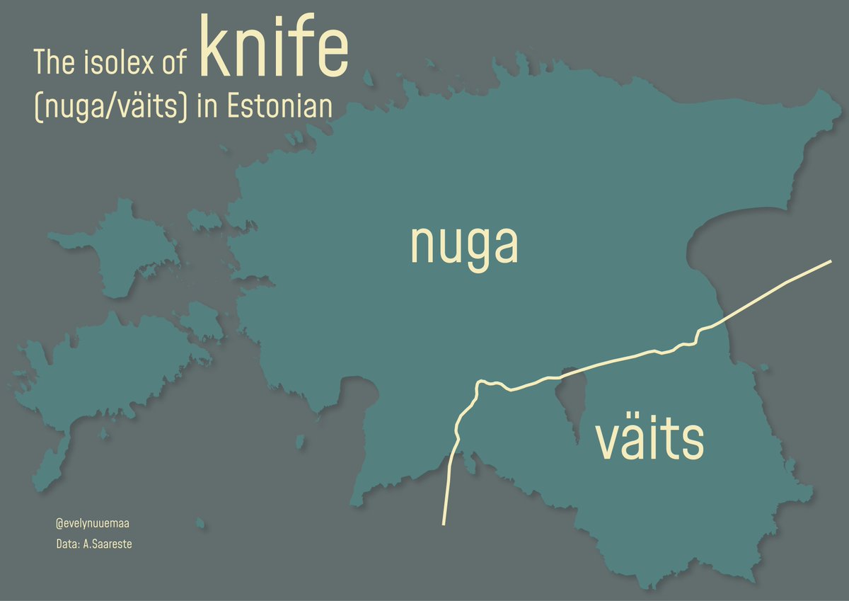 Day 2 Lines: the isolex of "knife" in Estonian language. The people from the southeastern parts use "väits" and people from northern parts use "nuga" 🔪🇪🇪#30DayMapChallenge
