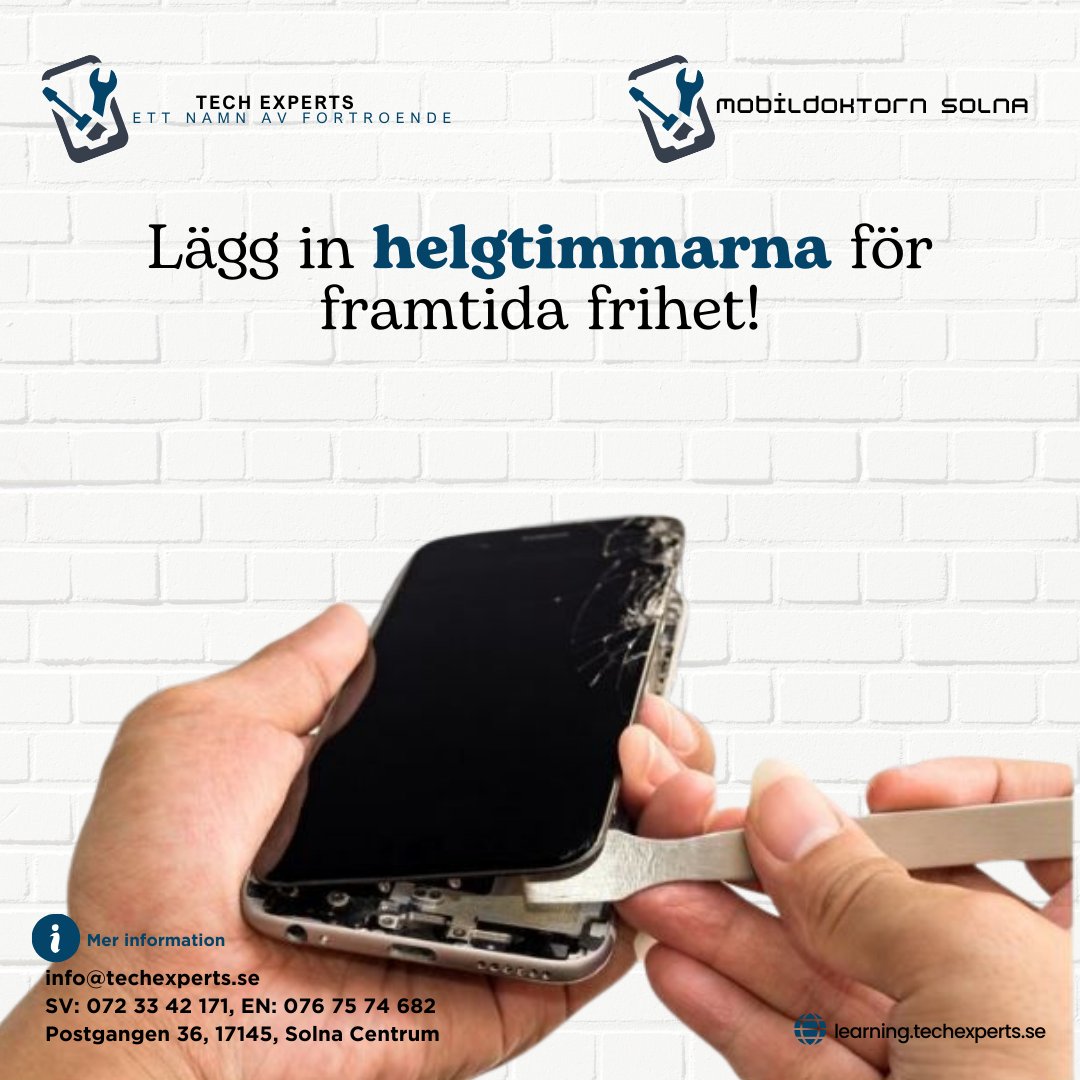 techexperts2024's tweet image. &quot;Investera dina helger nu för en framtid av frihet! Anmäl dig till vår mobilreparationskurs idag och ta det första steget mot en ljusare morgondag.&quot;🔧📱

#stockholm #mobilreparationinstockholm #mobiltelefonkurser #mobil #kurser  #mobiltelefon #mobilbar #mobiler #mobilreparation