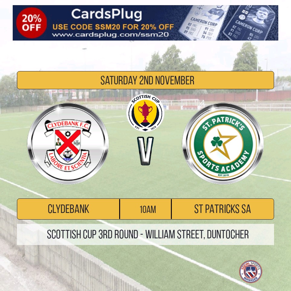 It's Scottish Cup weekend!!

🏆 Scottish Cup 3rd Round
📅 Saturday 2nd Nov 2024
🆚 St Patrick's SA
📍 William Street, Duntocher 
⏰️ 10am kick off
🎟 Free Entry

 #MonTheBankies ⚽️🔴⚪️⚫️⚽️