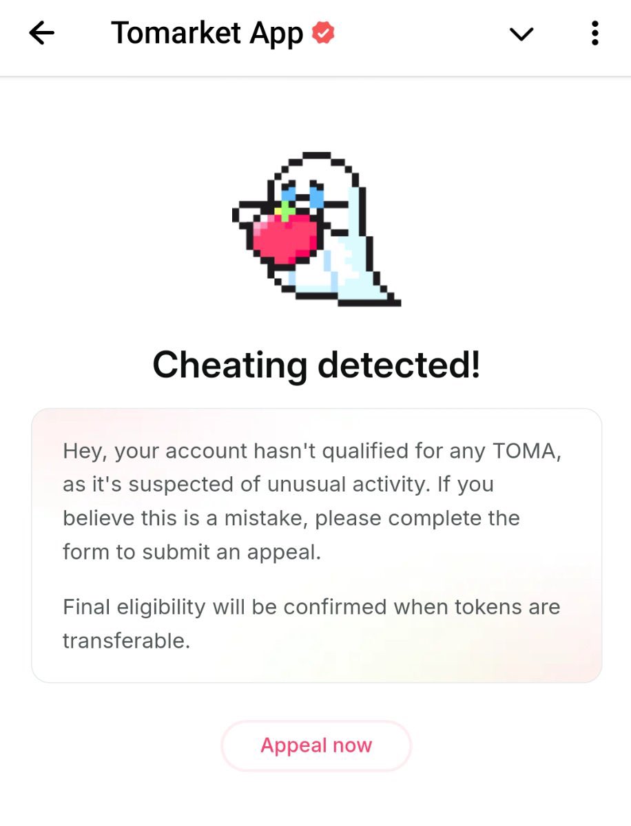 BudhilVyas's tweet photo. $TOMA airdrop looking SUS right now 🤔

No explanation on allocation criteria, tokenomics still hidden, random bans with zero clarity

@Oliver_Tomarket what's going on? 

Thousands of genuine users got BANNED without any reason

When will we get answers https://t.co/3X1NEK81xt