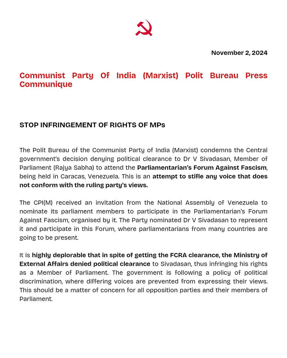 cpimspeak's tweet photo. The PB condemns Central government’s decision denying political clearance to comrade V Sivadasan to attend Parliamentarian’s Forum Against Fascism! https://t.co/uNB0y4Xkst
