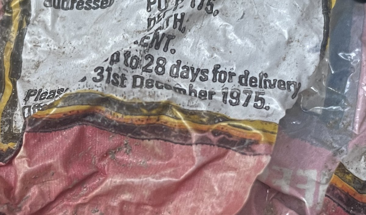 Well, it was a day too late for Halloween but while meandering along the coastal path as dusk fell yesterday we noticed this ghoulish Fangs Horror Bags packet from 1975 eroding from the soil. Not the oldest crisp packet we’ve found but still 49 years old.
#plasticarchaeology