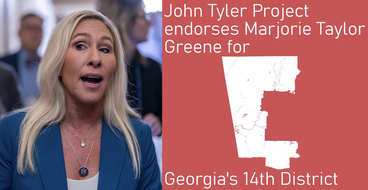 ProjectJTyler's tweet image. The John Tyler Project is proud to endorse Marjorie Taylor Greene! For many obvious reasons, Greene has earned our endorsement. She is a great member of Congress and we hope to see her continue to reflect our values in her next term.