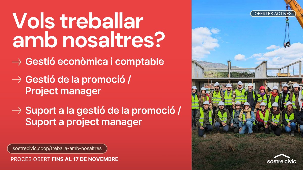 Ampliem l'equip! Busquem
🏗️ una tècnica per l'àrea de gestió de la promoció,
🏗️ una persona de suport per aquesta mateixa àrea,
🤑 i una altra tècnica de gestió comptable i econòmica

Més info a sostrecivic.coop/treballa-amb-n…
