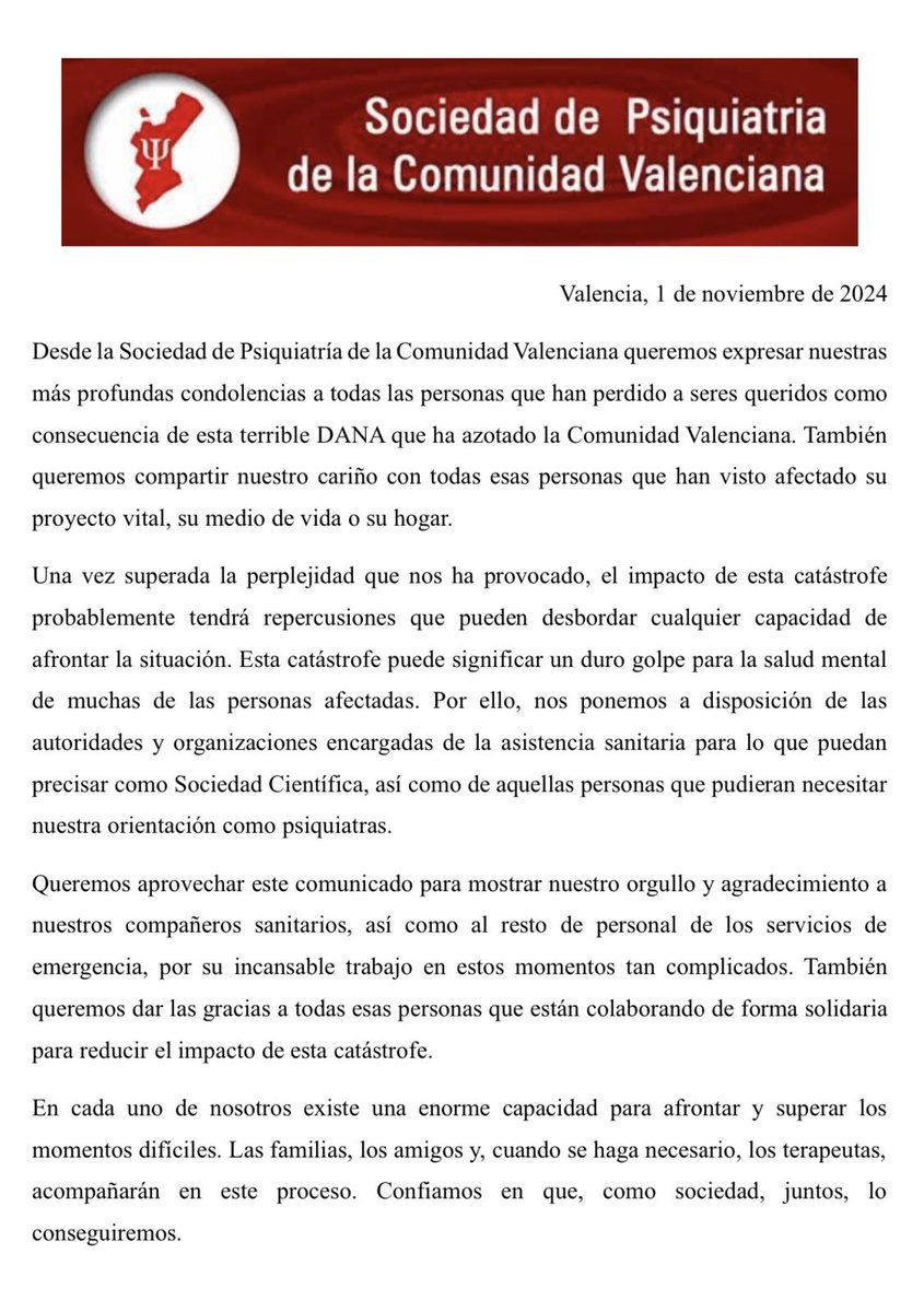 Sociedad de Psiquiatría de la Comunidad Valenciana (@spcv_info) on Twitter photo Comunicado de la Sociedad ante la catástrofe vivida en nuestra Comunidad. Comunicado de la Sociedad ante la catástrofe vivida en nuestra Comunidad.