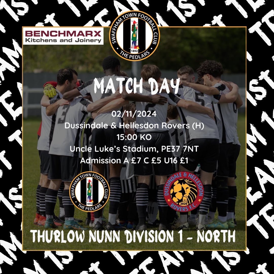 Swaffham_TownFC's tweet photo. ⚽️1ST TEAM MATCH DAY⚽️

🗓 02/11/2024
🕒 KO 15:00
🆚 @DussyRoversFC (H)
🏟️ Uncle Luke’s Stadium, PE37 7NT
🏆 Thurlow Nunn Div 1 North
👕 @Benchmarx_KL 

#upthepedlars https://t.co/2kJJFkI3Bn