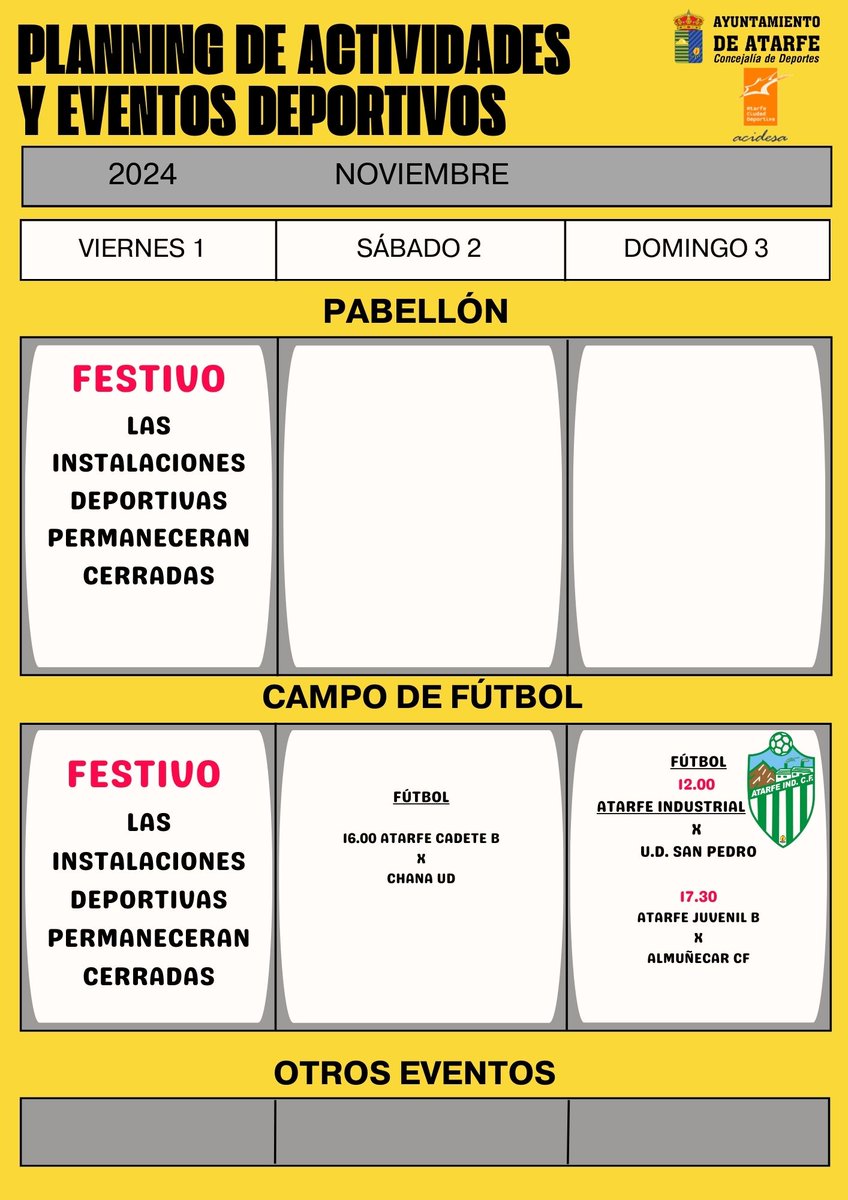 Planning de Actividades y Eventos Deportivos en Nuestras Instalaciones Deportivas para el 1, 2 y 3 de Noviembre