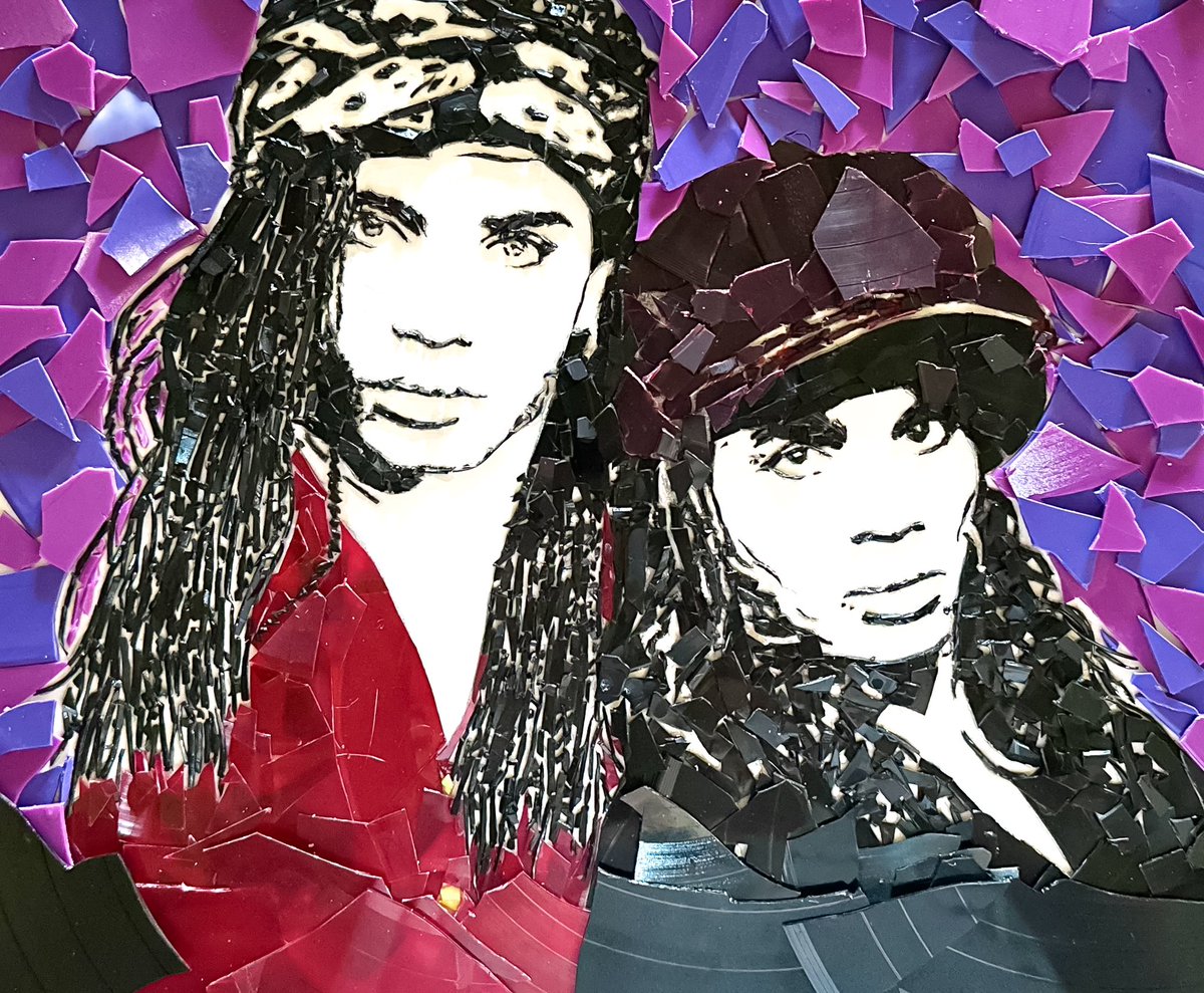 record_breakart's tweet photo. Vinyl record art of @MilliVanilli  Made entirely of broken vinyl record pieces. ✨ Loved making this piece. @fabmorvan 
#millivanilli #fabmorvan #robpilatus #vinylart #girlyouknowitstrue https://t.co/pH08yGFsUR