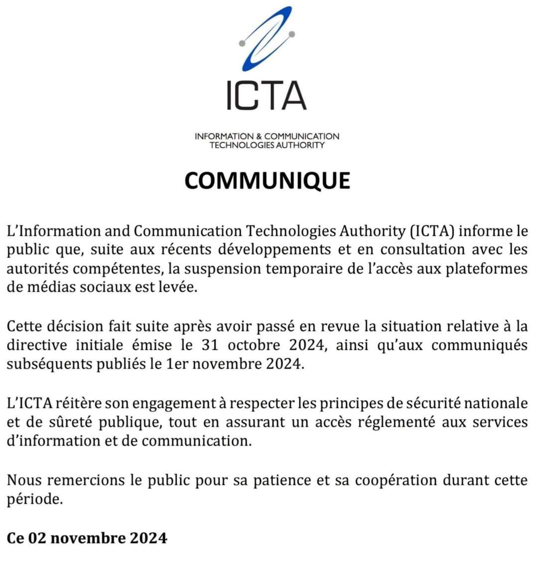 FelAnthonio's tweet photo. A win for human rights! 

The ICT Authority in Mauritius has lifted its ban on social media! The ban which was supposed to last until after elections on November 11 was lifted about 24 hours after implementation. 

We urge the authorities to #KeepItOn at all times! https://t.co/LSeqwSuHxC