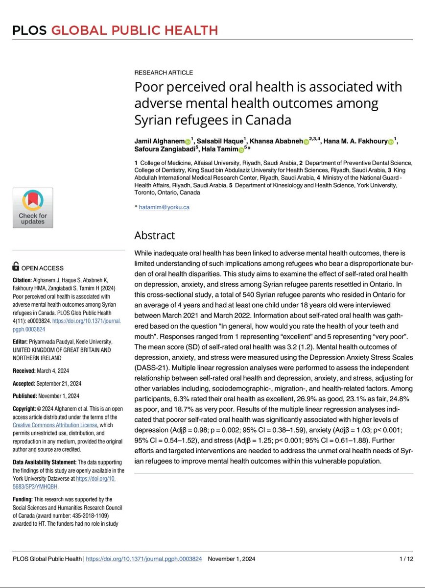 Salsabil Haque (@haquesalsabeel) on Twitter photo Happy to announce my first publication in the PLOS Global Public Health journal <a href="/PLOSGPH/">PLOS Global Public Health</a> alhamdulillah.
Here we investigate the potential effect of poor perceived oral health on adverse mental health outcomes among Syrian refugees in Canada.
journals.plos.org/globalpubliche… Happy to announce my first publication in the PLOS Global Public Health journal <a href="/PLOSGPH/">PLOS Global Public Health</a> alhamdulillah.
Here we investigate the potential effect of poor perceived oral health on adverse mental health outcomes among Syrian refugees in Canada.
journals.plos.org/globalpubliche…