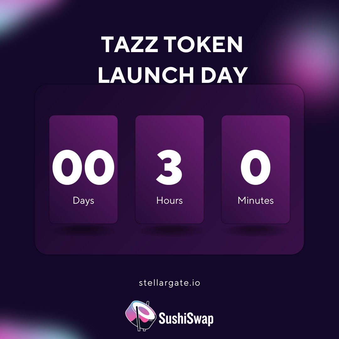 stellargate_io's tweet photo. 🚀 Big Announcement! 🚀

🎊 TAZZ is set to go live in 3 hours on Arbitrum with SushiSwap! 🍥💫

📜 Address: 0xC9Befc2bdF23EbE4eC3eAeC6FF5E13fA12b3bf79

🔗 Curious? Join us on Telegram: [https://t.co/AtddkGVp9c](https://t.co/AtddkGVp9c)

#cryptocurrency #bitcoin #blockchain #ethereum #btc #trading #cryptonews #cryptotrading #nft #giveaway #airdrop #Arbitrum #SushiSwap #CryptoLaunch 🚀💸