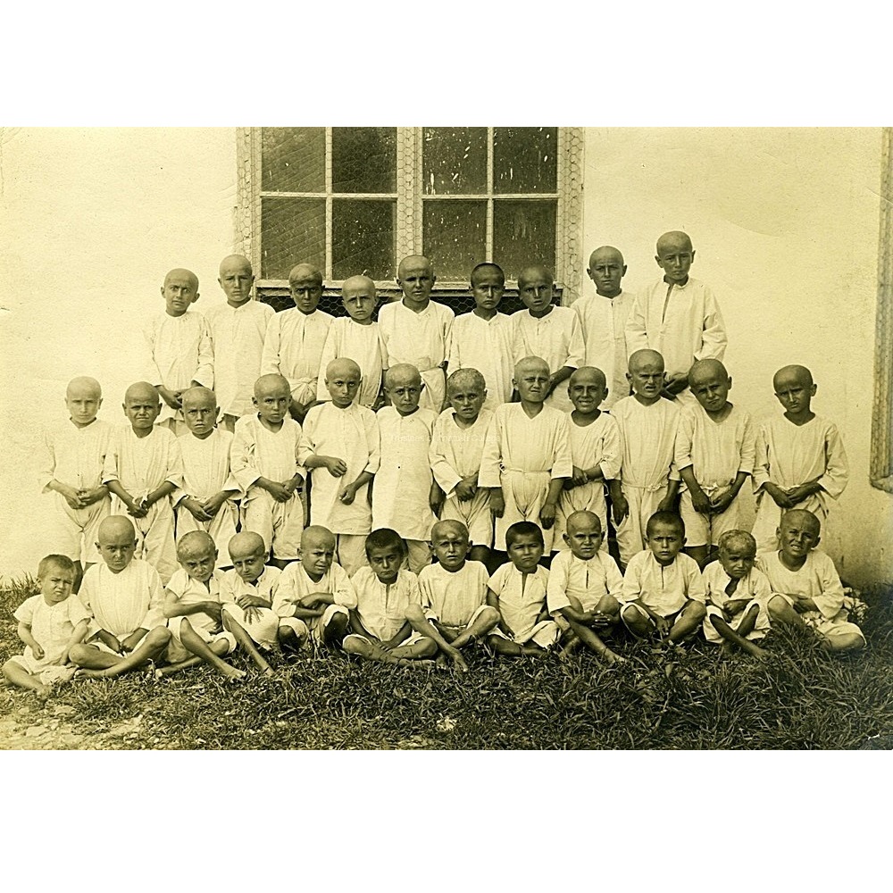 Part of a group of 42 Greek orphans received at an orphanage at Marsovan (today Merzifon) in Turkey, May 1919. At one stage the orphanage housed 600 Greek and Armenian children who had become orphans due to the genocide. 
Source: Trustees of Anatolia College.