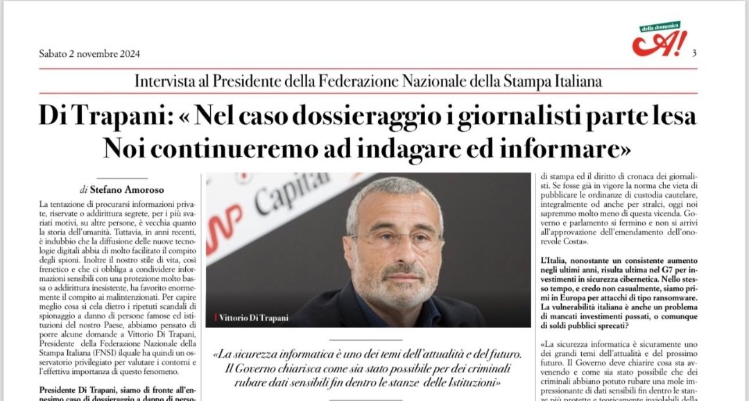 Nel caso dossieraggi i giornalisti sono parte lesa.
Dall'inchiesta esce un quadro inquietante: necessario fare luce quanto prima.
Ancora una volta per il governo ogni occasione è buona per nuovi bavagli.

Grazie all'#AvantiDellaDomenica per lo spazio dedicato.
<a href="/GiadaFazzalari/">Giada Fazzalari</a>
