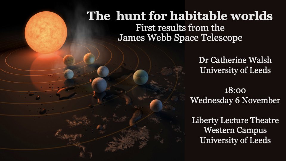 Leeds Philosophical and Literary Society (@leedsphilandlit) on Twitter photo Join us for the Priestley Lecture 2024
18:00 Wed 6 Nov
In 'The hunt for habitable worlds', <a href="/UniversityLeeds/">University of Leeds</a> researcher <a href="/cwalshastrochem/">Catherine Walsh</a> will consider the early evidence from the James Webb Telescope.
Liberty Lecture Theatre & online
FREE but please book:
leedsphilandlit.org.uk/shop/the-hunt-β¦ Join us for the Priestley Lecture 2024
18:00 Wed 6 Nov
In 'The hunt for habitable worlds', <a href="/UniversityLeeds/">University of Leeds</a> researcher <a href="/cwalshastrochem/">Catherine Walsh</a> will consider the early evidence from the James Webb Telescope.
Liberty Lecture Theatre & online
FREE but please book:
leedsphilandlit.org.uk/shop/the-hunt-β¦