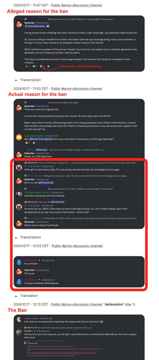 valis_team's tweet photo. WEEKEND BRAIN TEASER:

If #Valis was banned for saying "SteCo members leverage access to insider channel" (image #1),

why does @foleycious now claim the ban was for evidence shared AFTER the ban (image #2)?

Unless the real reason lies in image #3...

#Qubic #Censorship #Gotchas https://t.co/VttJnOa41S