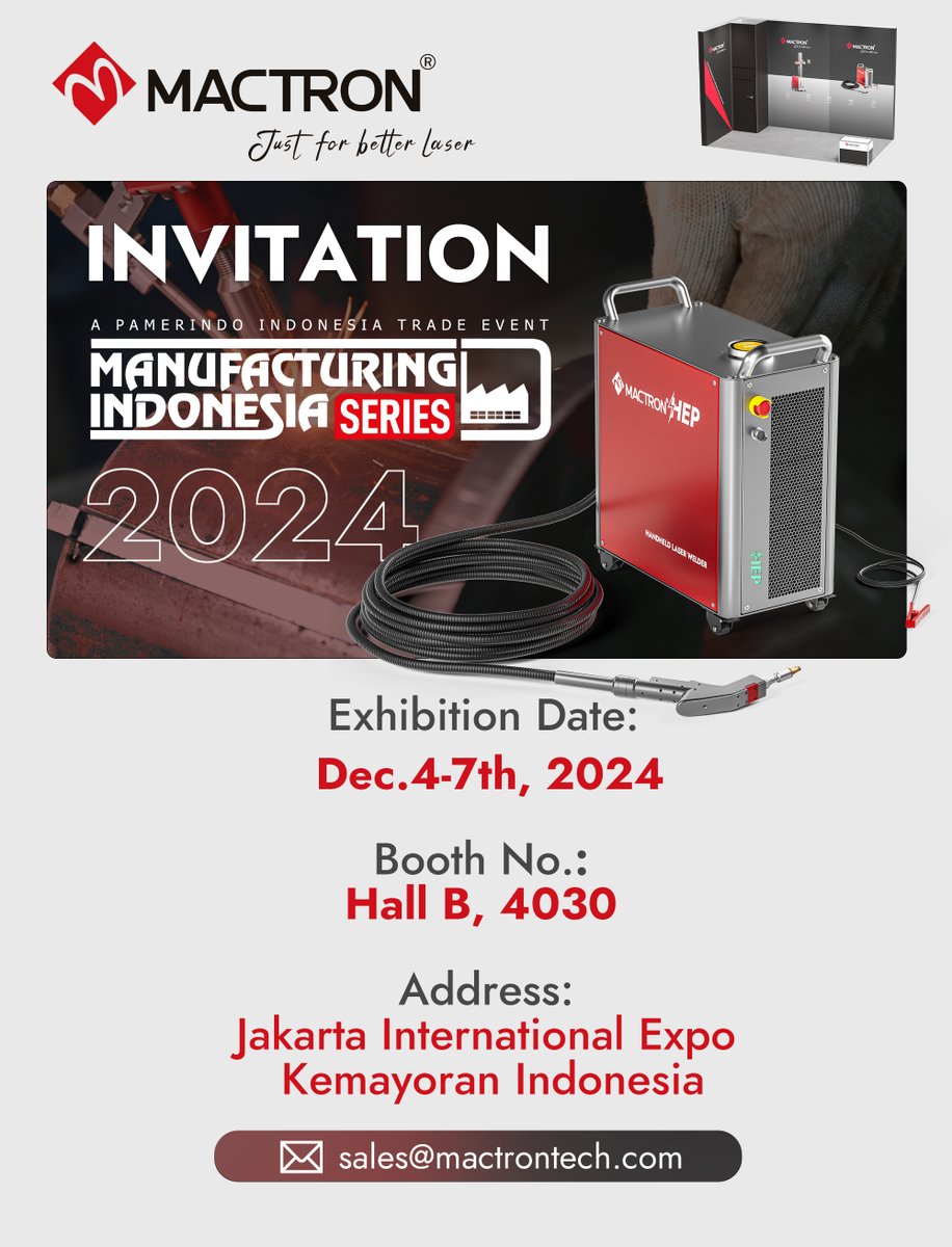 mactron_tech's tweet image. 🎉EXHIBITION INVITATION🎉
MANUFACTURING INDONESIA SERIES 2024!
✅Booth number: Hall B, 4030
✅Exhibition time: 4-7th December, 2024
✅Exhibition Address: Jakarta International Expo Kemayoran Indonesia
Come and Join Mactron！

#mactronlaser #manufacturingindonesia #exhibition
