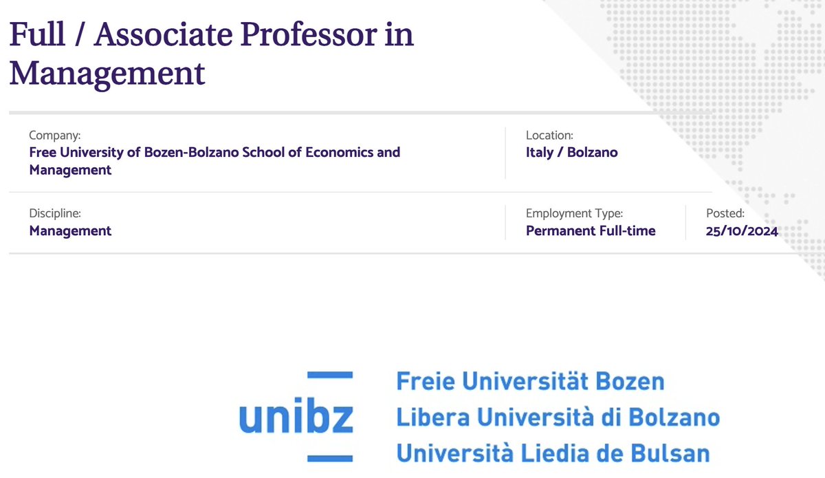 The Free University of Bozen-Bolzano @unibz_news is seeking excellent candidates to fill the following academic position: Full/Associate #Professor in #Management akadeus.com/announcement/8…
