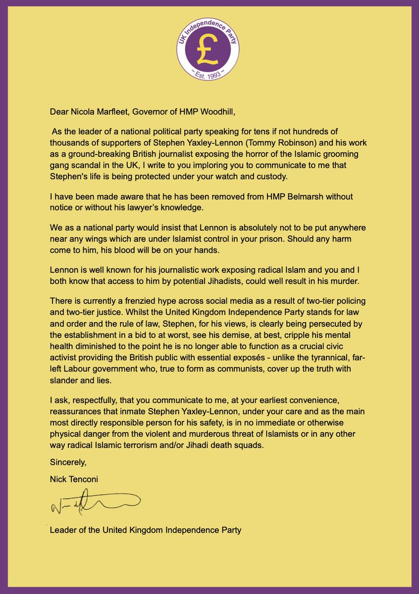 It has been brought to my attention that Tommy Robinson has been moved from Belmarsh HMP where he was secure &amp; safe, which is unacceptable.

UKIP offers all law-abiding patriots the same protection we are offering Tommy against both two-tier justice &amp; the far-left tyrannical