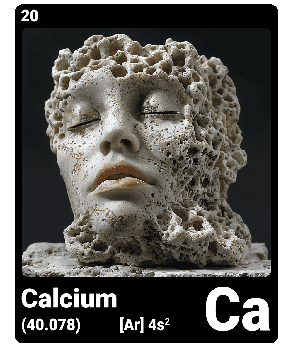 br_AI_king's tweet image. This is what it looks like when AI gives the chemical element #calcium a face - find all #ChemicalElement in the bio #ScienceArt