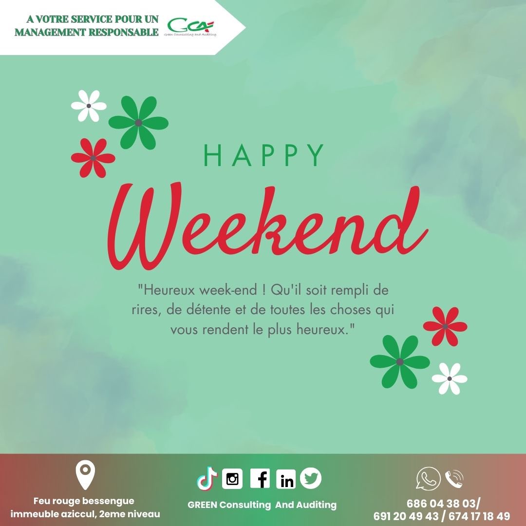 GCAuditing's tweet photo. Vous avez travaillé dur toute la semaine ? C'est le moment de souffler !  Le week-end est là pour vous offrir un peu de répit.  Belle fin de semaine à tous !
#GreenConsulting #WeekEnd #Repos #Répit #BonWeekEnd https://t.co/IBVVsRwLRF