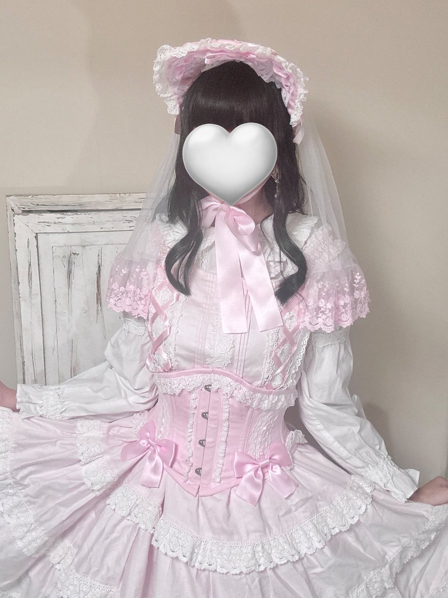ベール付きボンネット（ピンク）
懐古ロリィタコルセット（ピンク）着画

#萬屋ヒツジ #ロリィタ