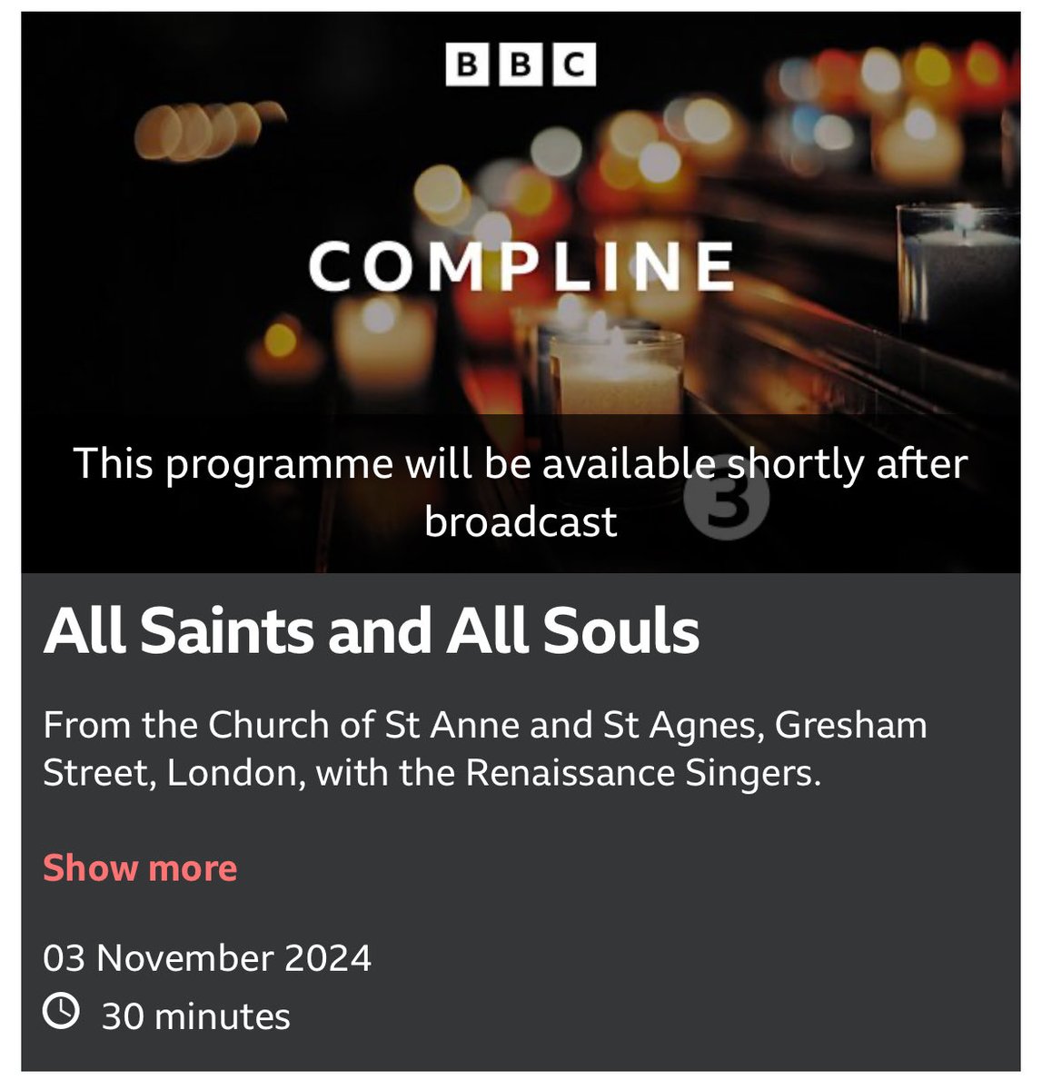 The Renaissance Singers (London) (@singrenaissance) on Twitter photo Tune in on Sunday at 9.30pm for the first of our #Compline services on <a href="/BBCRadio3/">BBC Radio 3</a> conducted by David Allinson and with one of our very own altos, Helena, leading us in chant.
Sunday’s broadcast includes polyphony by Bouzignac, Mouton and Handl.
📻 bbc.co.uk/programmes/m00… Tune in on Sunday at 9.30pm for the first of our #Compline services on <a href="/BBCRadio3/">BBC Radio 3</a> conducted by David Allinson and with one of our very own altos, Helena, leading us in chant.
Sunday’s broadcast includes polyphony by Bouzignac, Mouton and Handl.
📻 bbc.co.uk/programmes/m00…